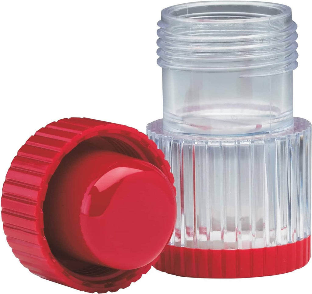 Pill crusher and container: red cap with clear ridged grinding chamber