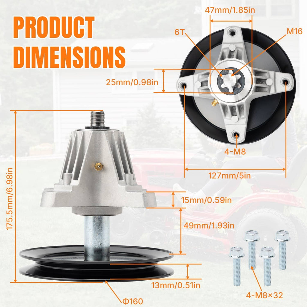 Deck spindle assembly with black pulley, silver housing, and four included mounting screws.