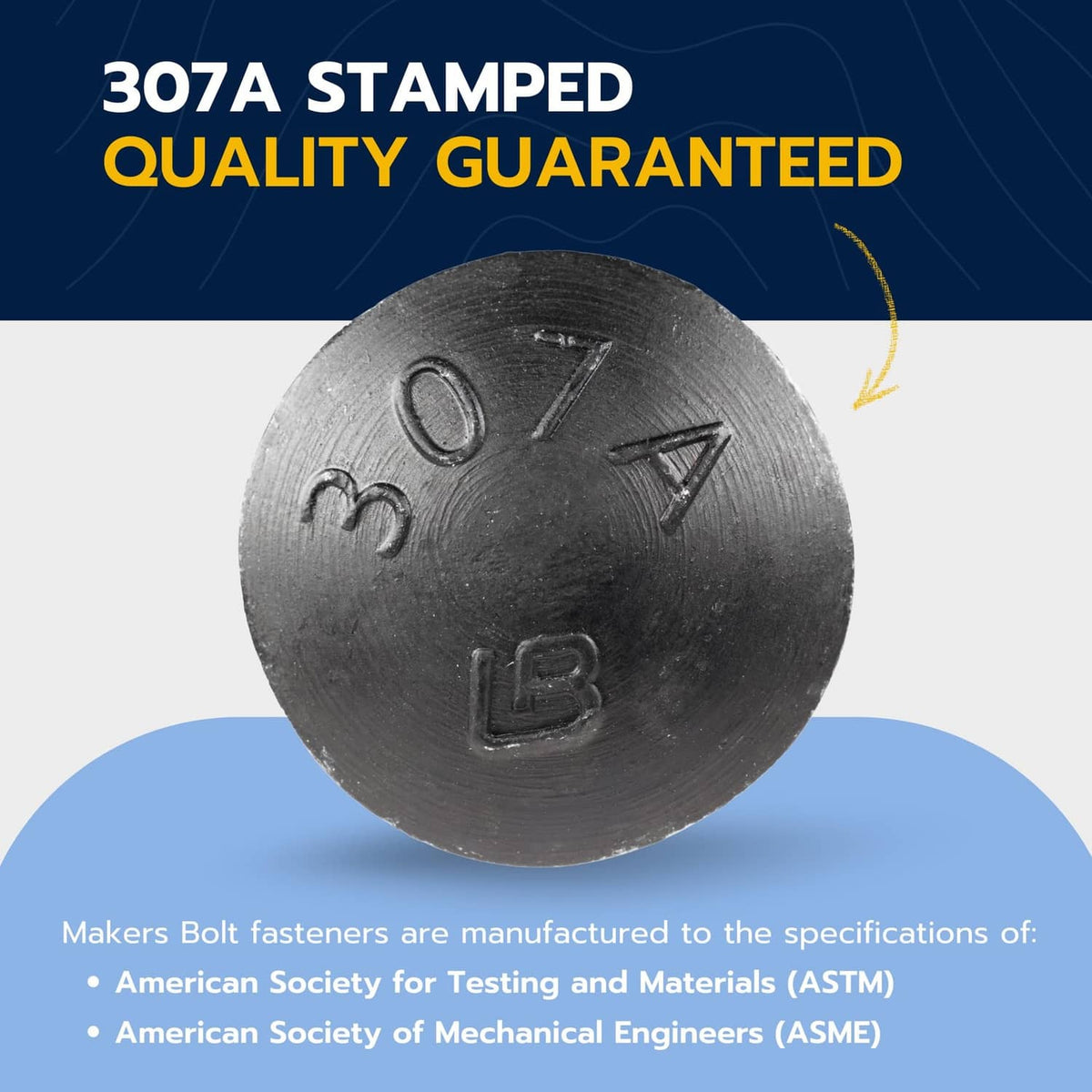 Black carriage bolt head close-up with stamped 307A quality marking