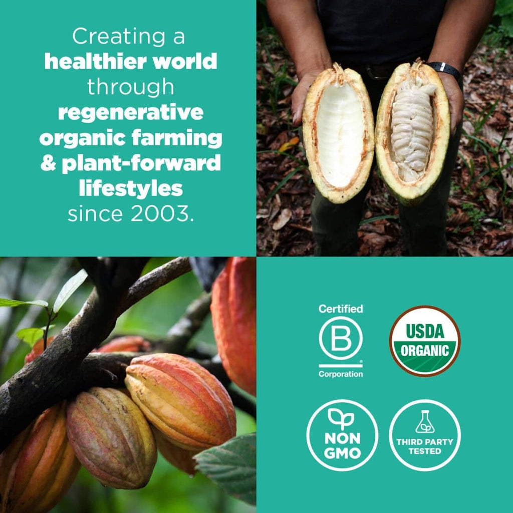 Organic cacao pods and hands holding cacao beans with certification icons
