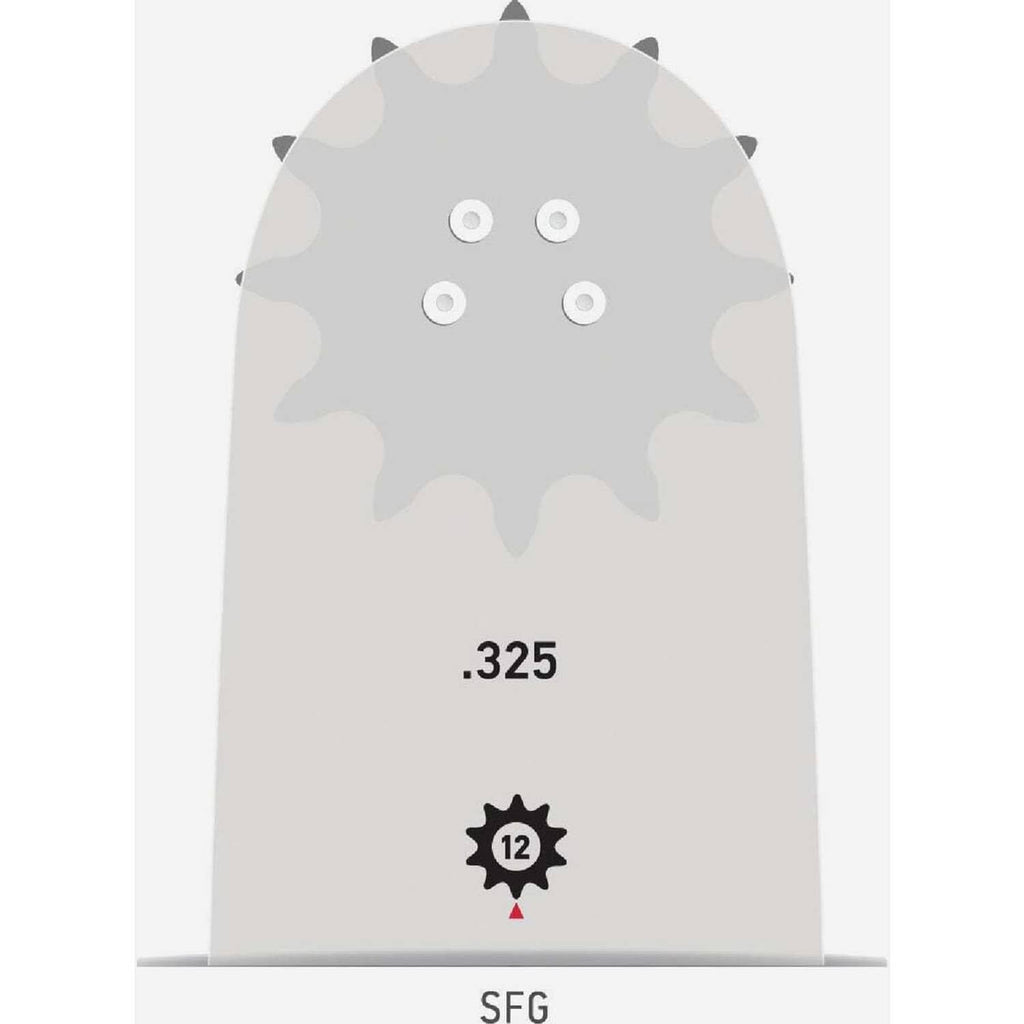 Chainsaw chain chart showing gauge .325 with SFG and a 12 marking in red and gray.