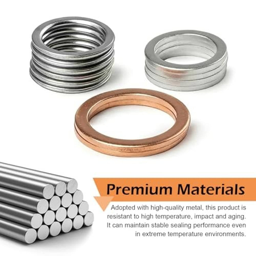 Metal gasket rings in copper and silver, with stacked spring-like metal washers