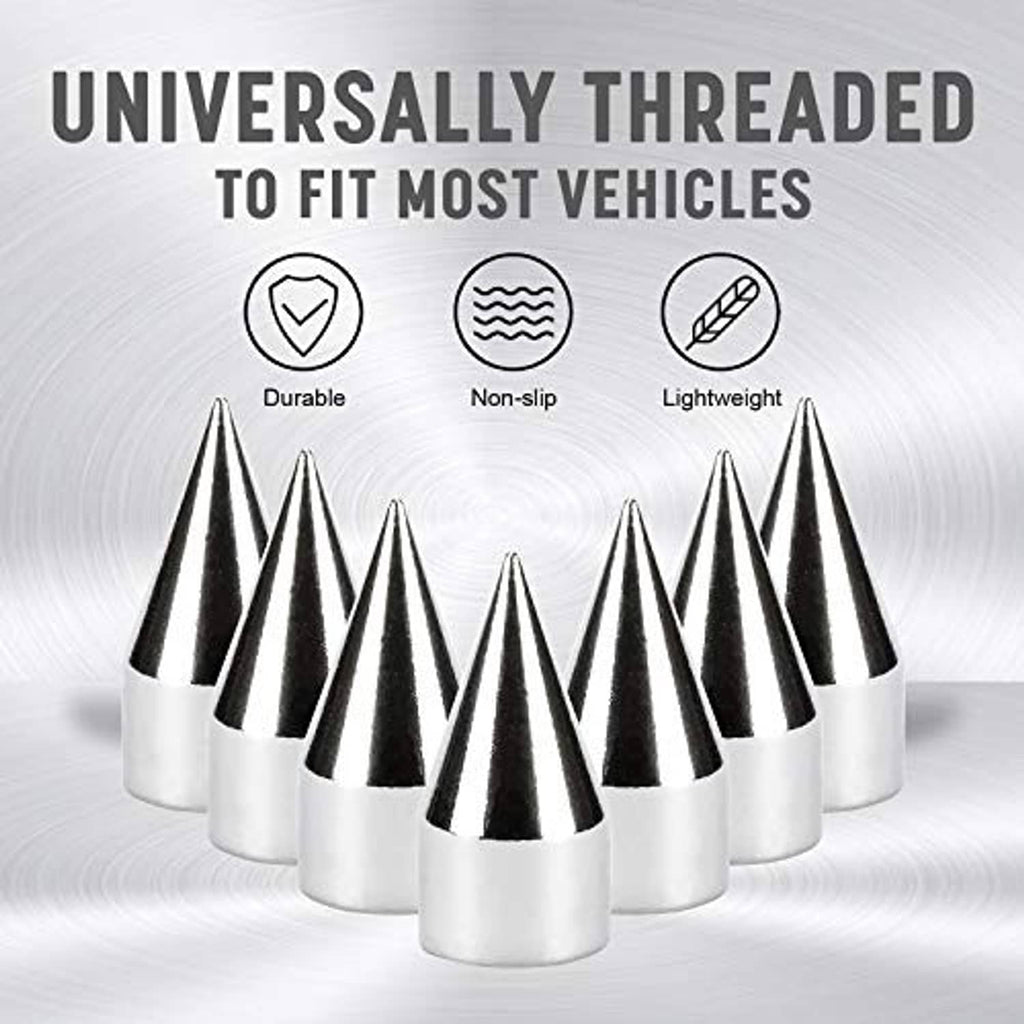Four silver chrome spiked valve caps standing in a line with pointed cones