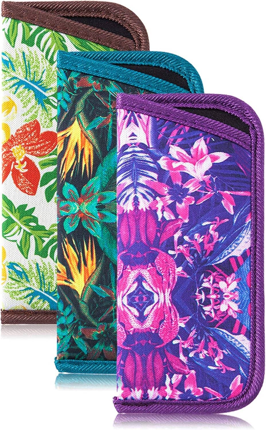 3-pack slim glasses pouches, tropical print, zip closure, soft fabric sleeve