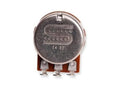 Audio taper potentiometer with round metal housing and three solder pins