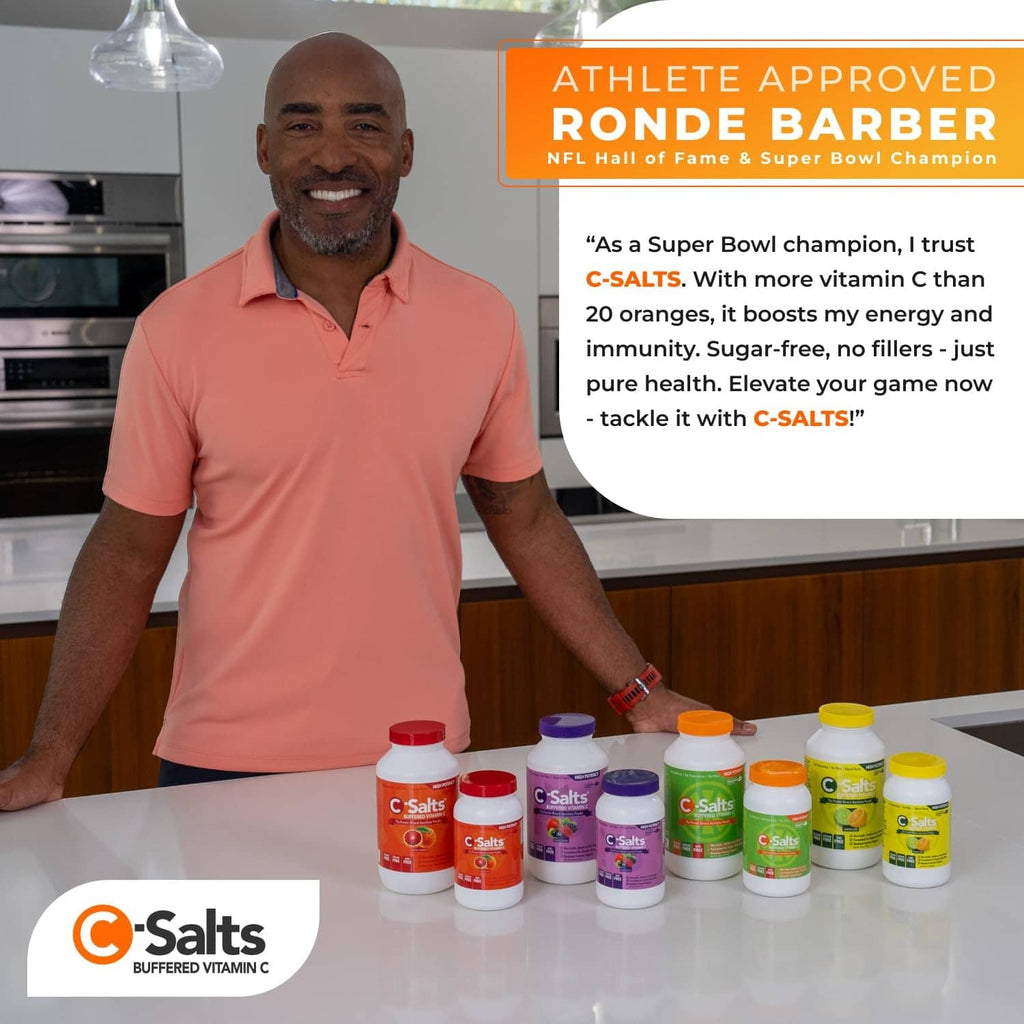 Vitamin C powder supplement bottles on counter with orange caps and C-Salts labels.