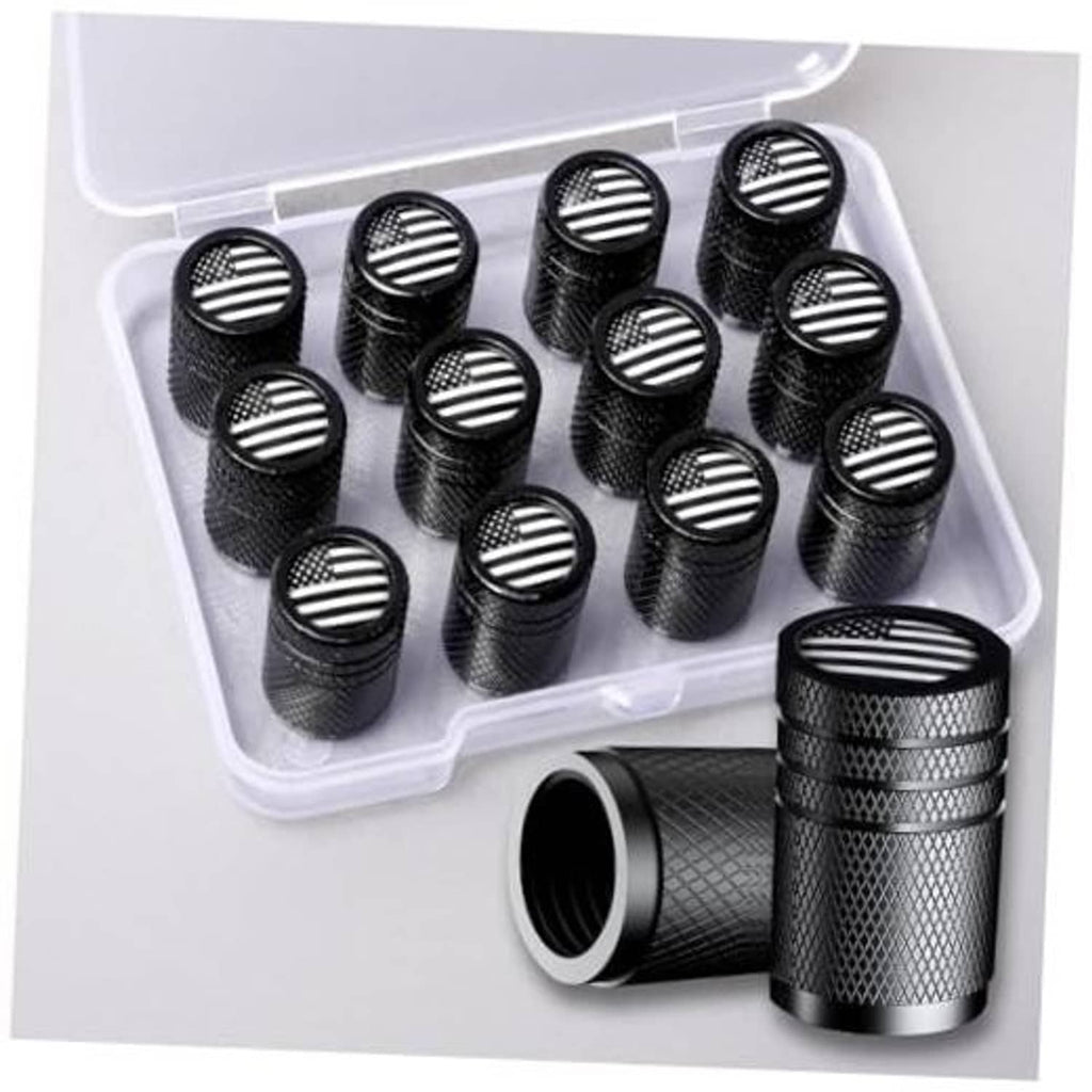 Set of 12 black aluminum tire valve stem caps with raised American flag round tops