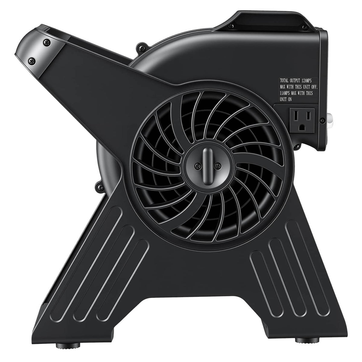 Black utility fan close-up with circular grille and three-prong base