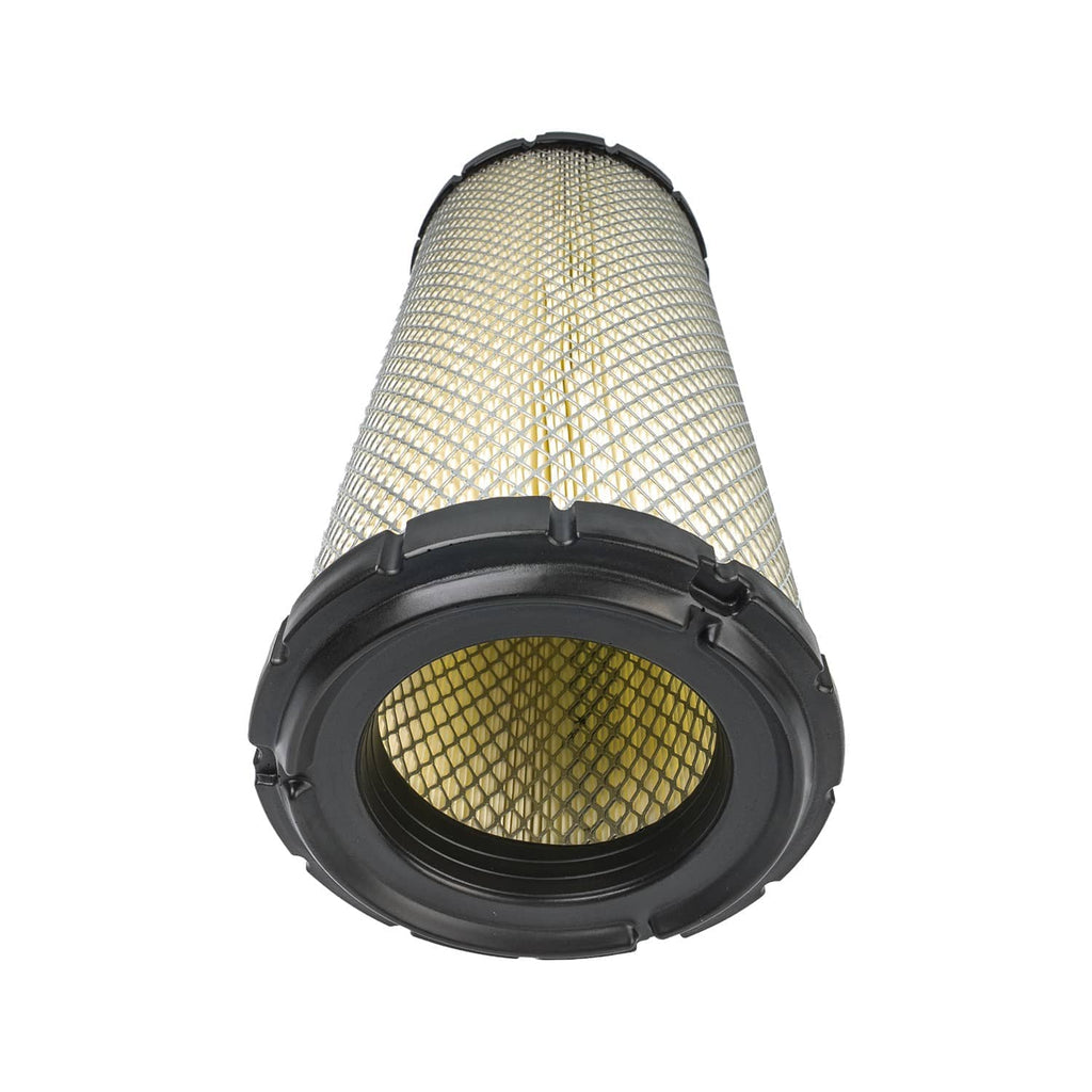 Air filter with black circular intake housing and pleated mesh media