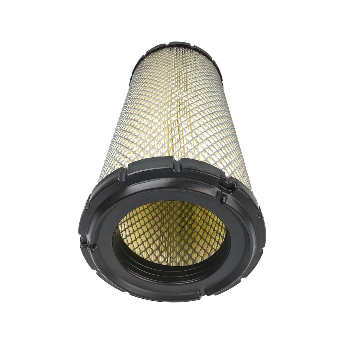 Air filter with black circular intake housing and pleated mesh media