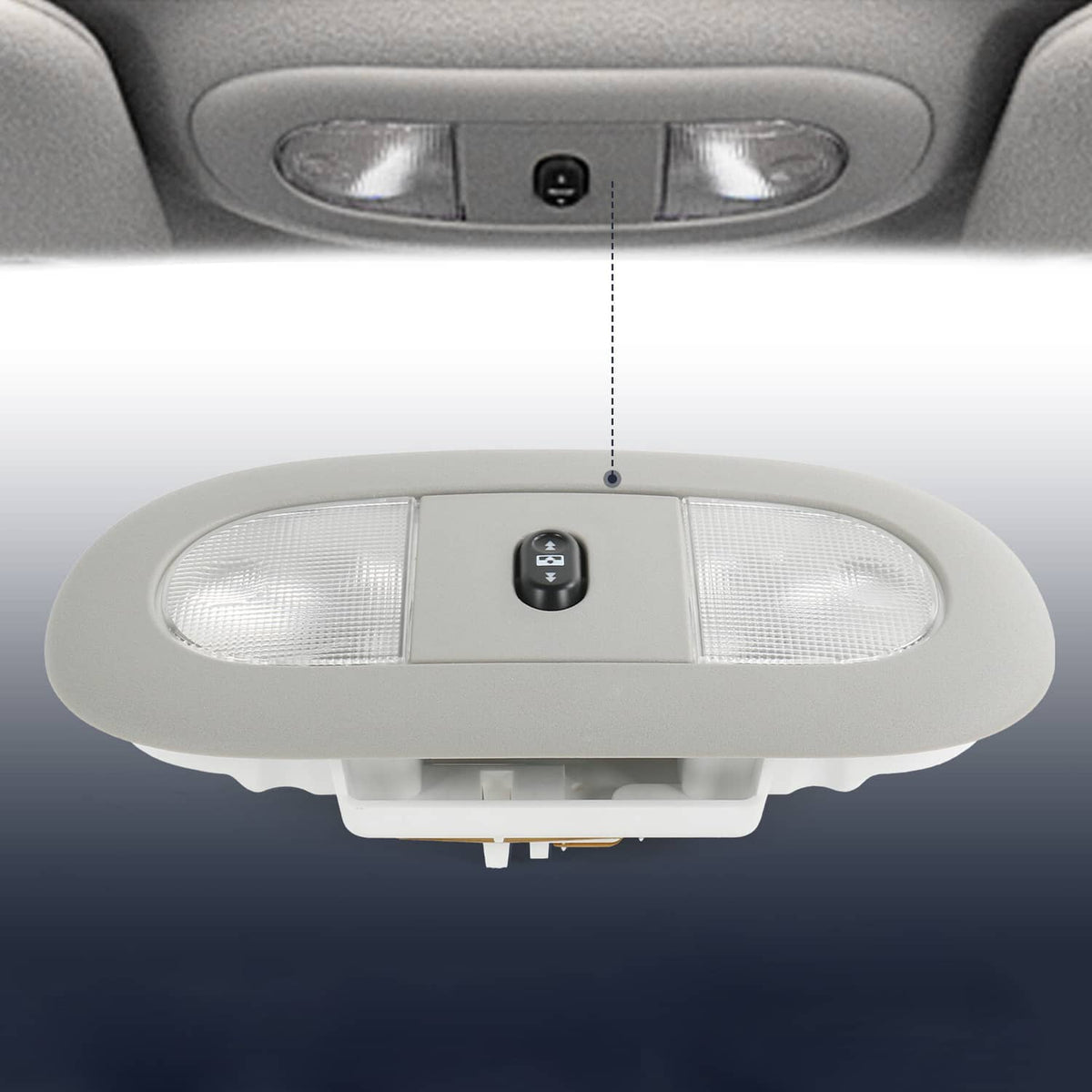 Overhead console LED light with clear lens and black sunroof switch, mounted in ceiling