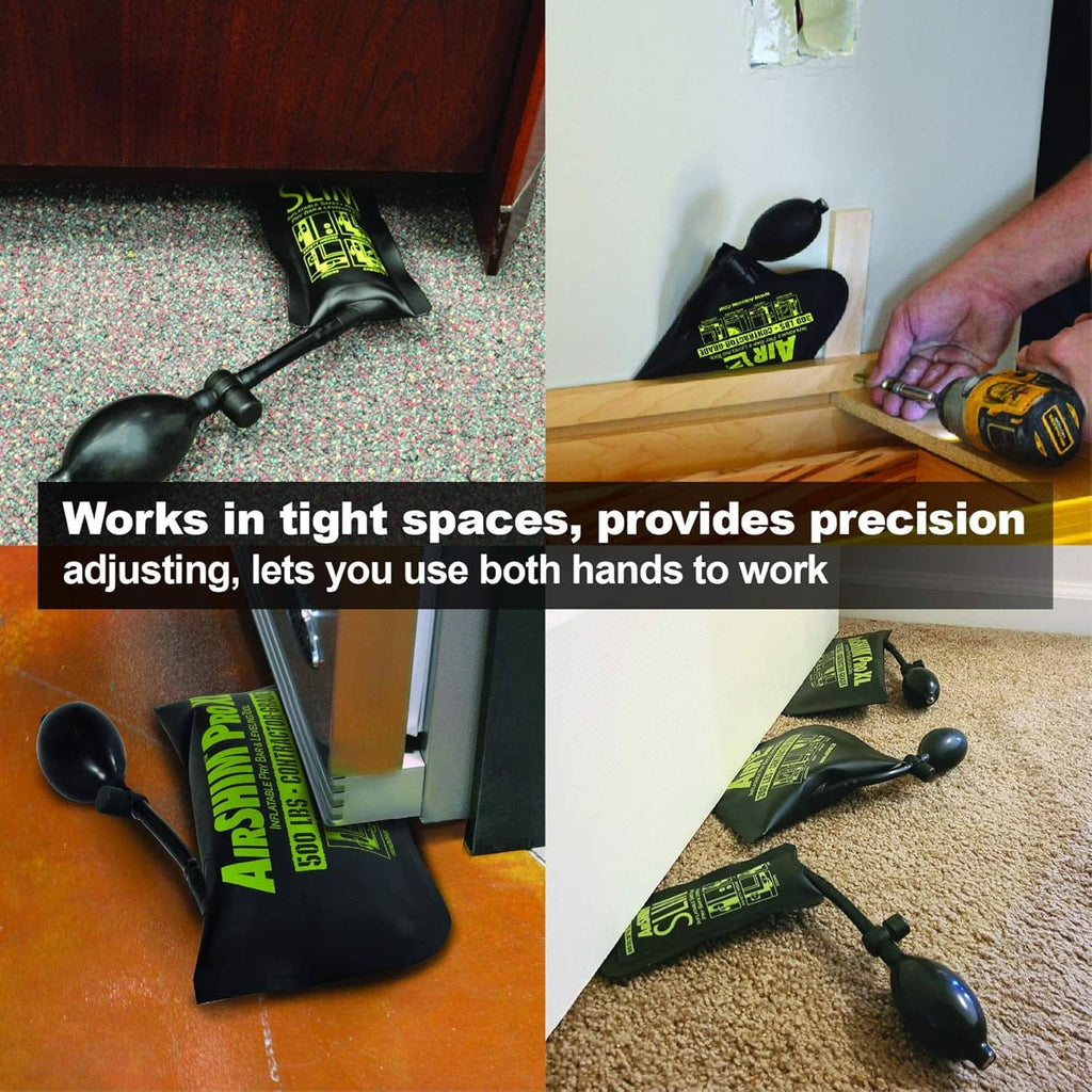Inflatable leveling shims inserted at a door base with two hand-actuated pump bulbs