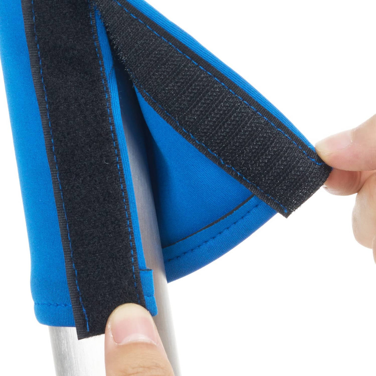 Blue pool handrail strap with textured grip, held by a hand
