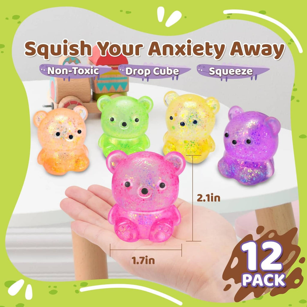 Pink glitter bear squish stress ball held in hand