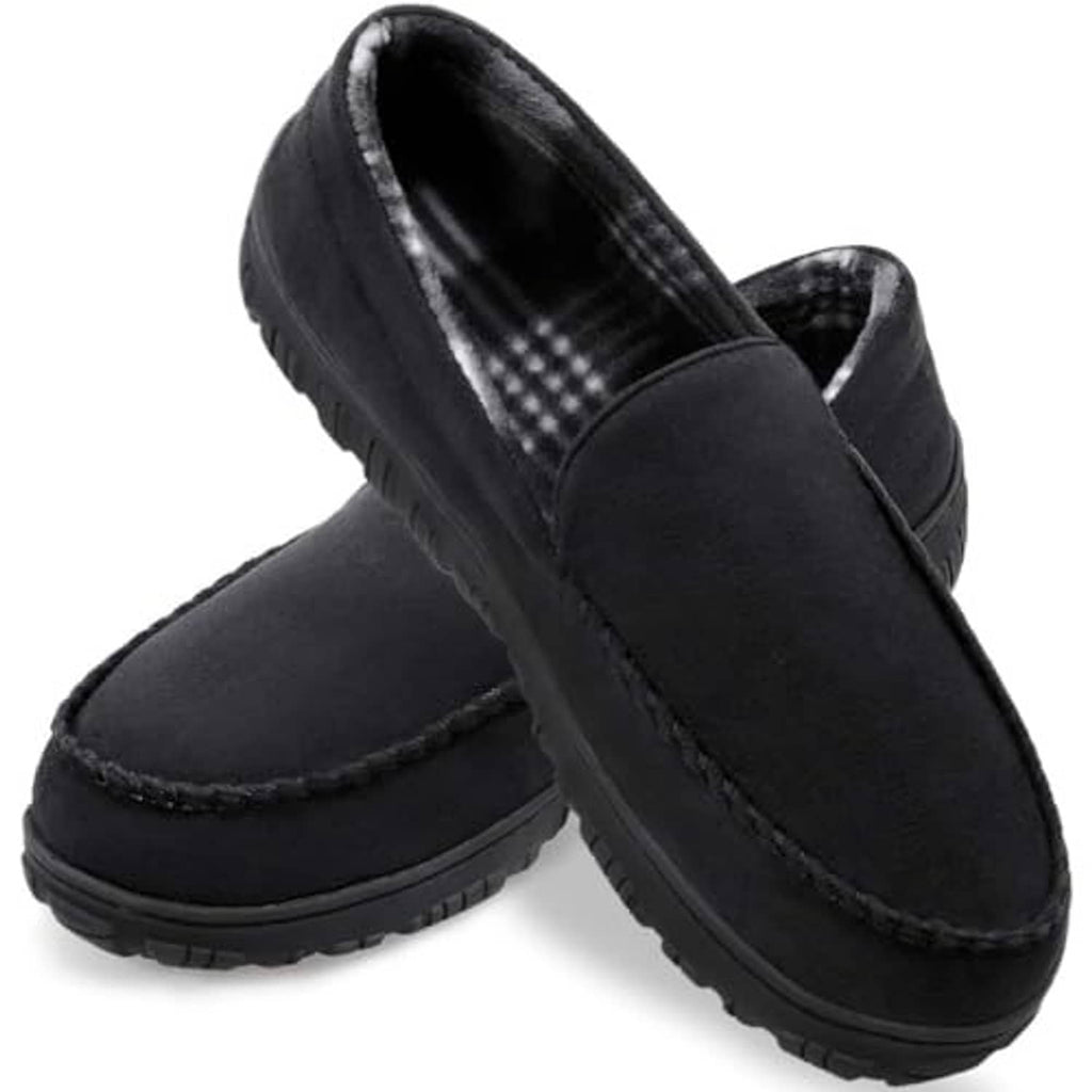Black suede-look moccasin slippers, side view with cushioned outsole