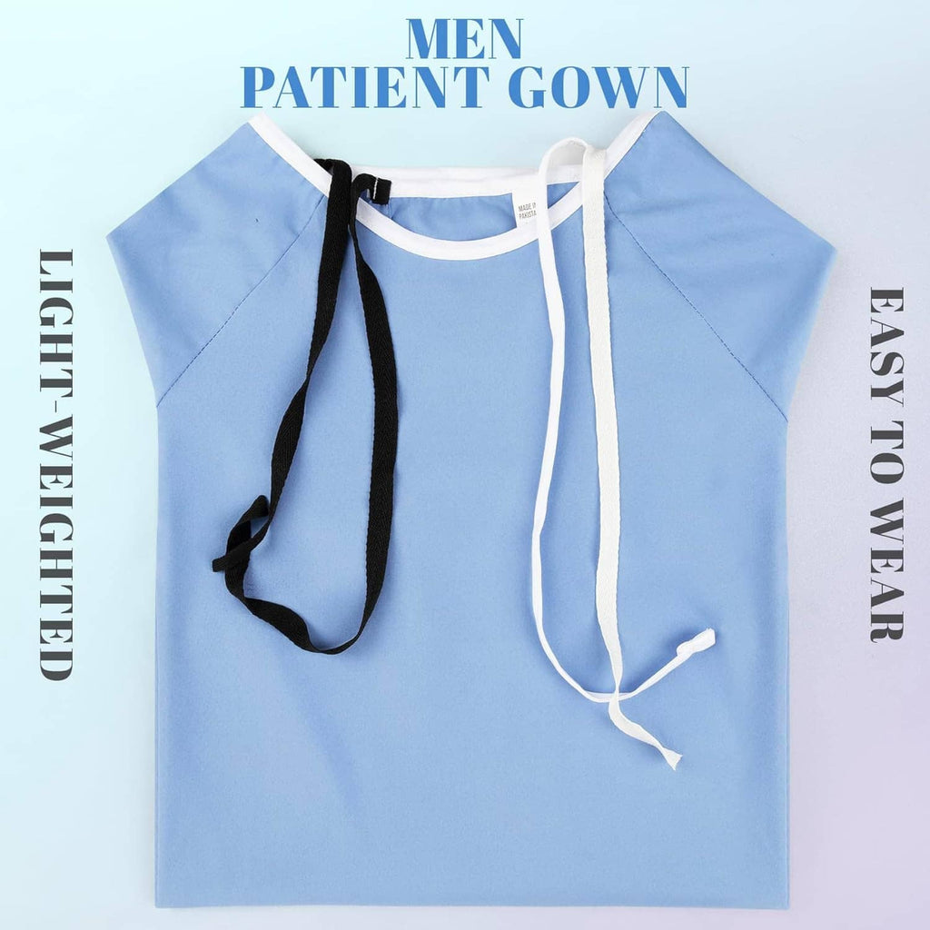 Men's patient hospital gown, light blue with contrast drawstrings at neckline and waist