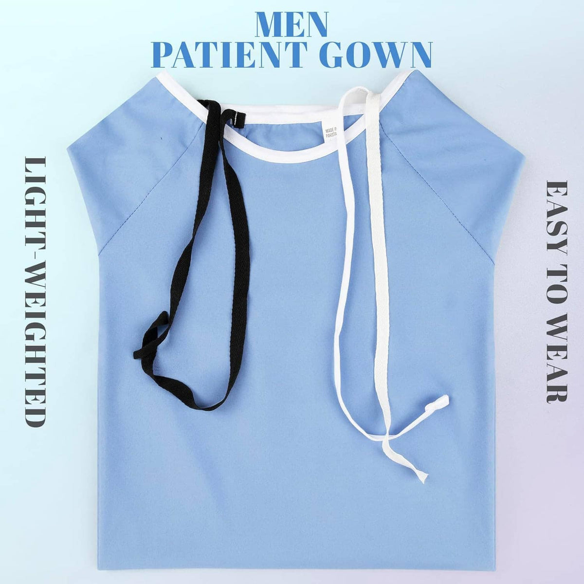 Men's patient hospital gown, light blue with contrast drawstrings at neckline and waist