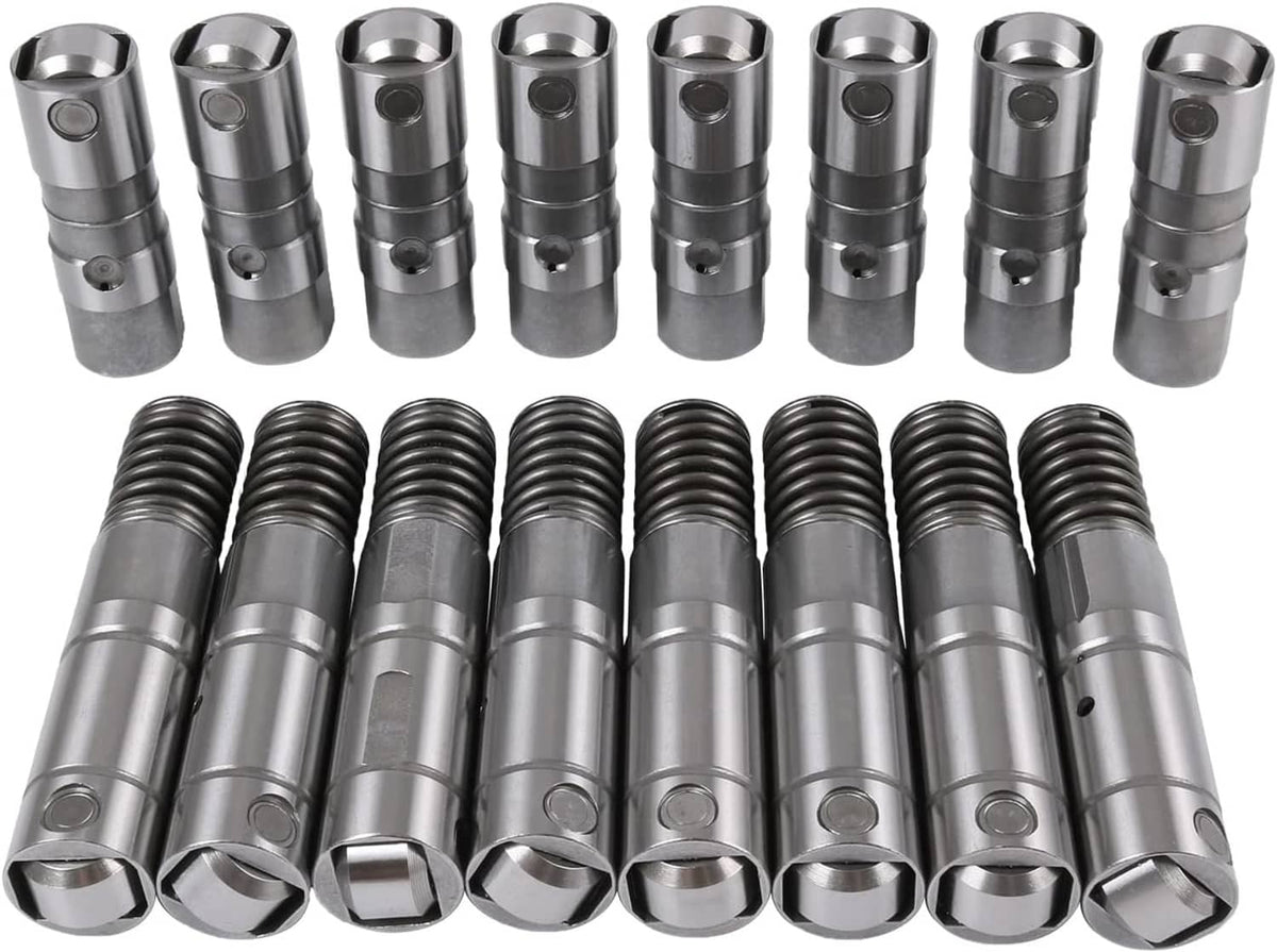 Top view of silver valve lifters with hex ends and coil springs, 16-piece set