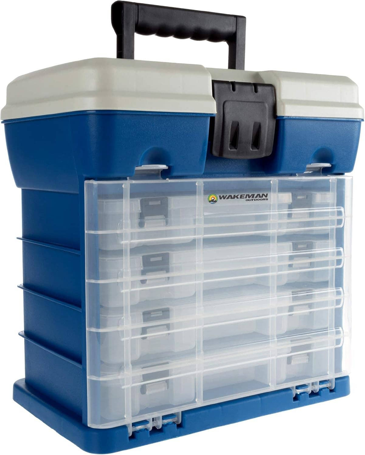 Blue tool storage box with clear drawer fronts and top carry handle, closed