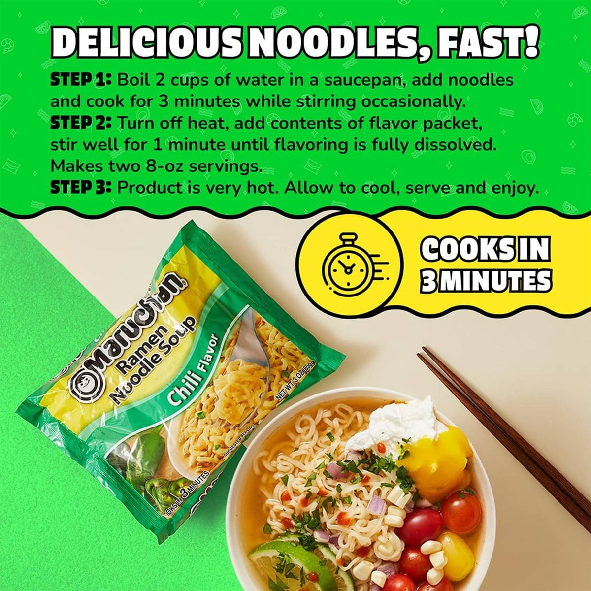 Maruchan ramen noodle soup chili flavor packet with bowl and fast cooking instructions