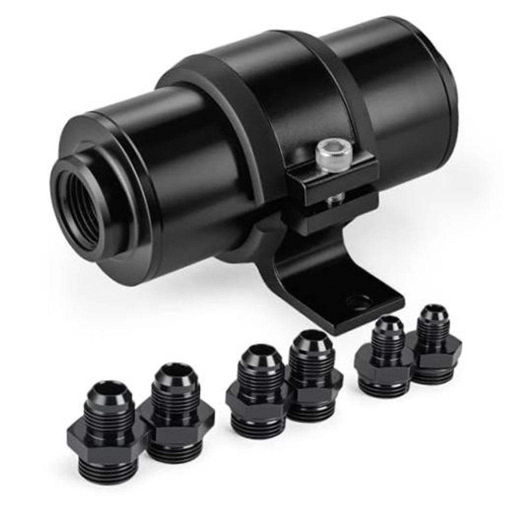 Black inline fuel filter with mounting bracket and threaded 6AN/8AN/10AN adapters