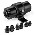 Black inline fuel filter with mounting bracket and threaded 6AN/8AN/10AN adapters