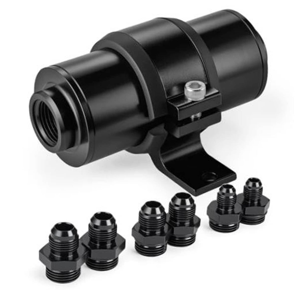 Black inline fuel filter with mounting bracket and threaded 6AN/8AN/10AN adapters