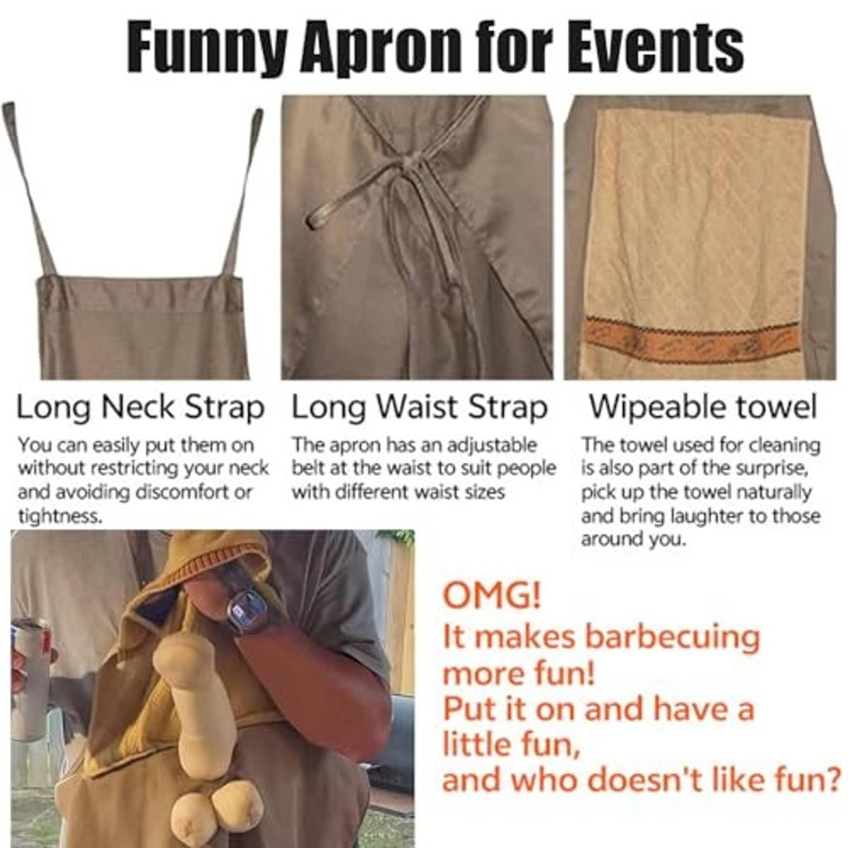 Brown apron with adjustable ties and wipeable towel accessory, front pocket