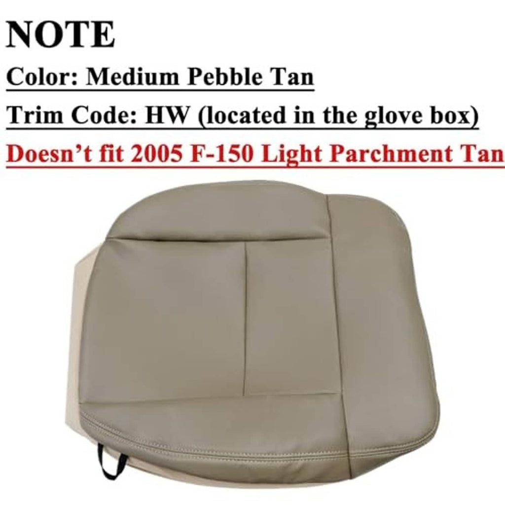 Tan front seat cushion replacement cover with stitched panels and bottom strap