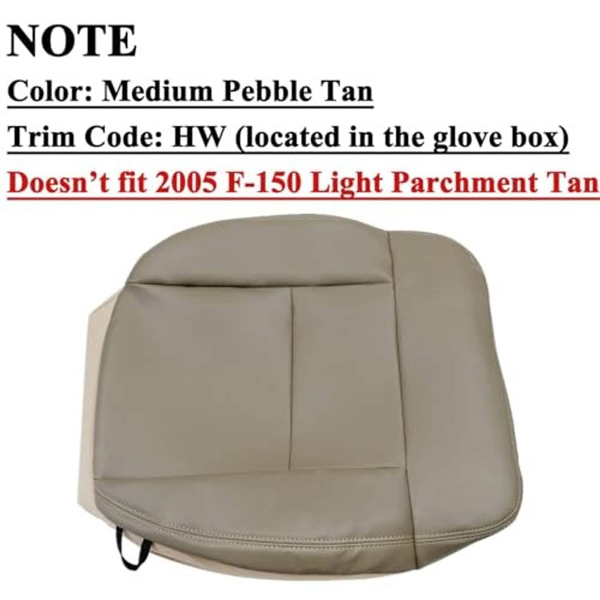 Tan front seat cushion replacement cover with stitched panels and bottom strap