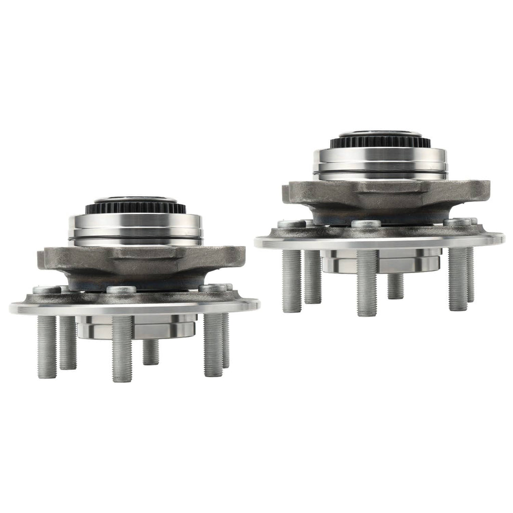 Two front wheel bearing hubs side by side, each with flange and four mounting studs
