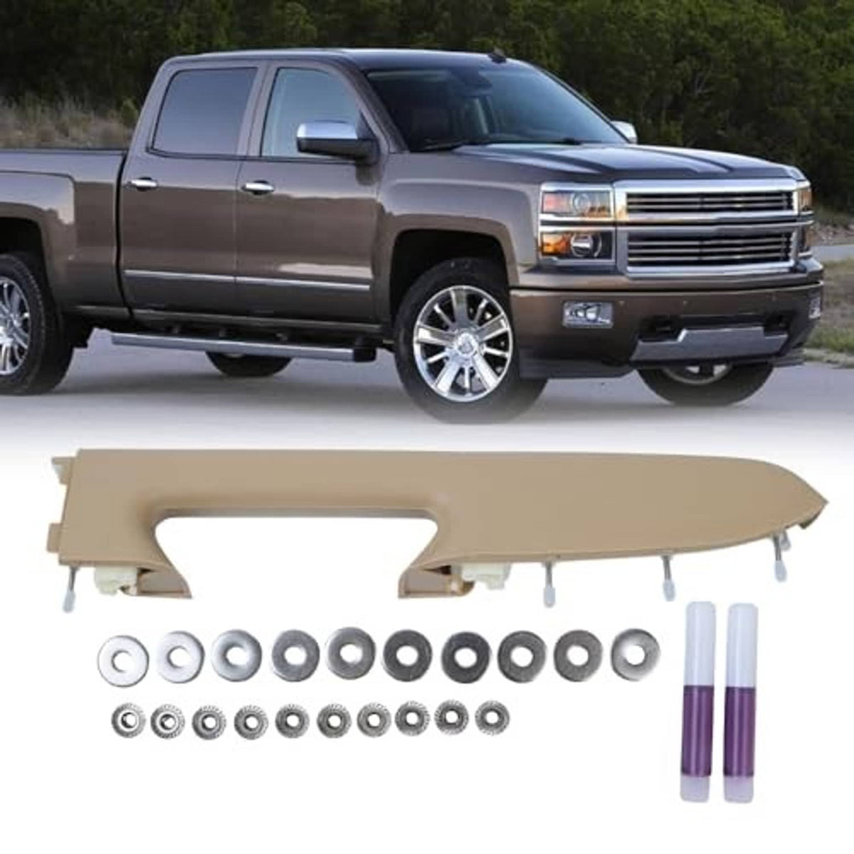 Beige front driver side armrest with hardware kit, screws, and purple pins