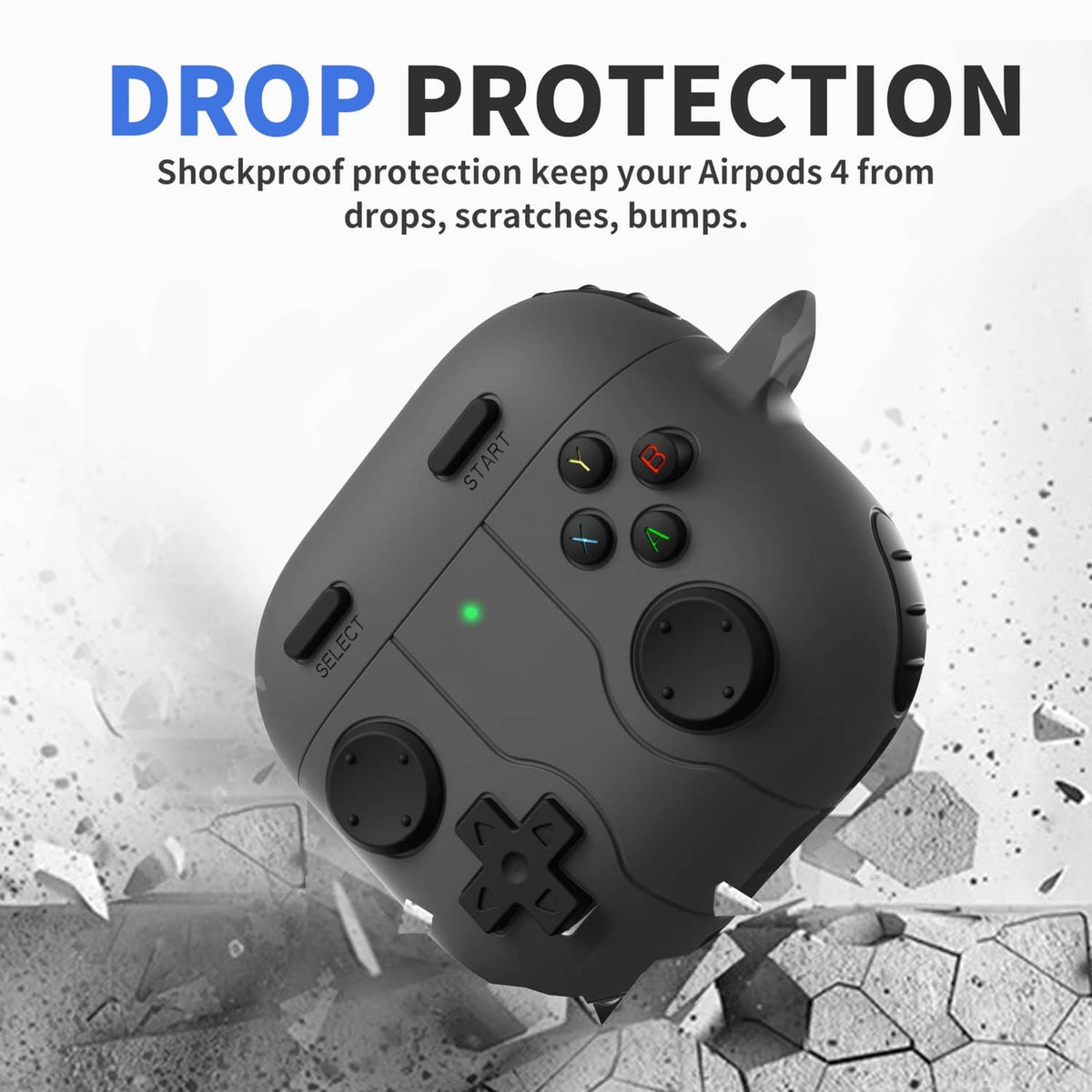 Black drop-protection AirPods 4 game case with controller buttons and side cutouts