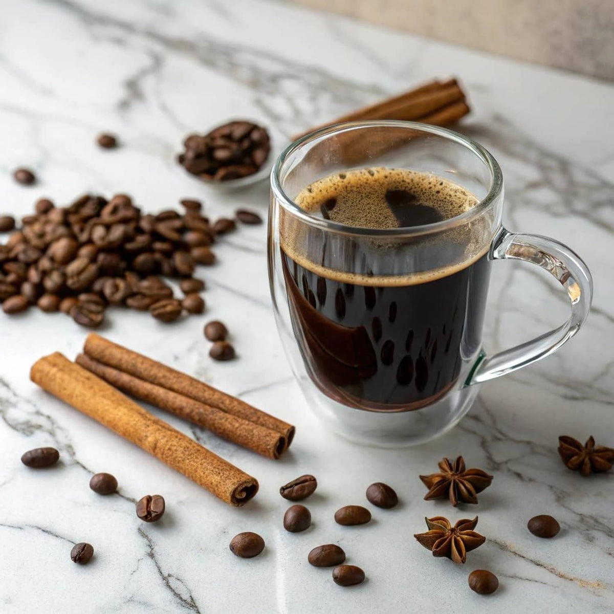 Cup of dark coffee with coffee beans and cinnamon sticks