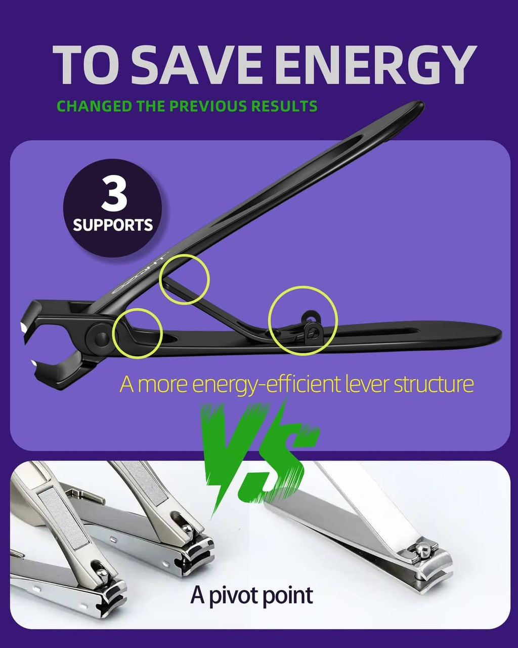 Black nail clipper lever tool with pivot points and long handle