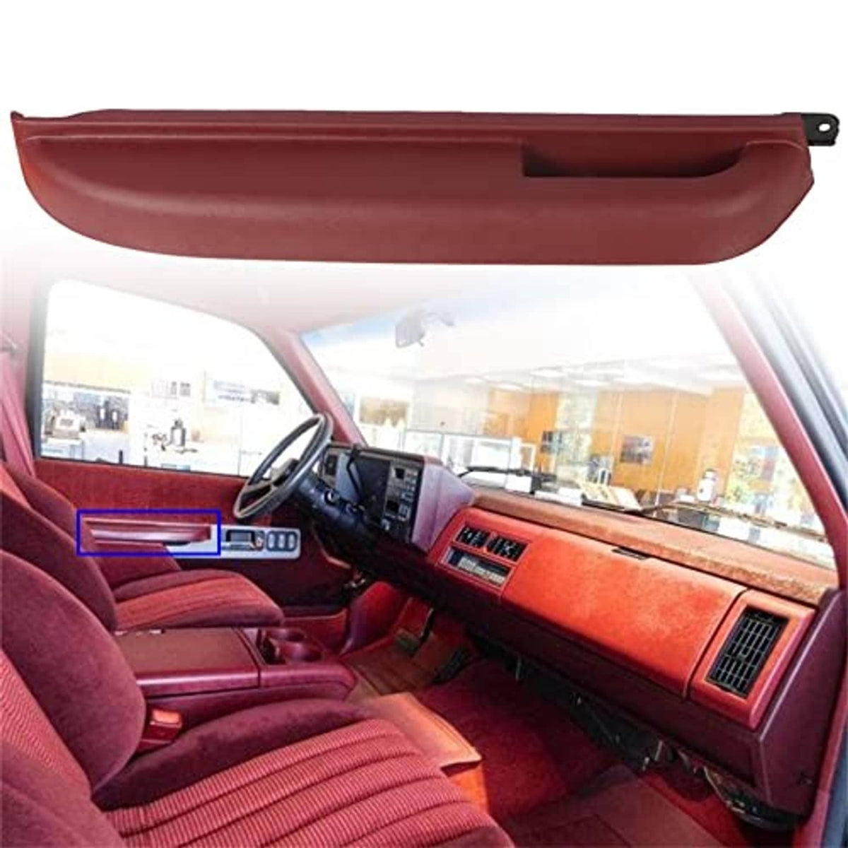 Red front driver side door armrest replacement shown fitted near dashboard opening
