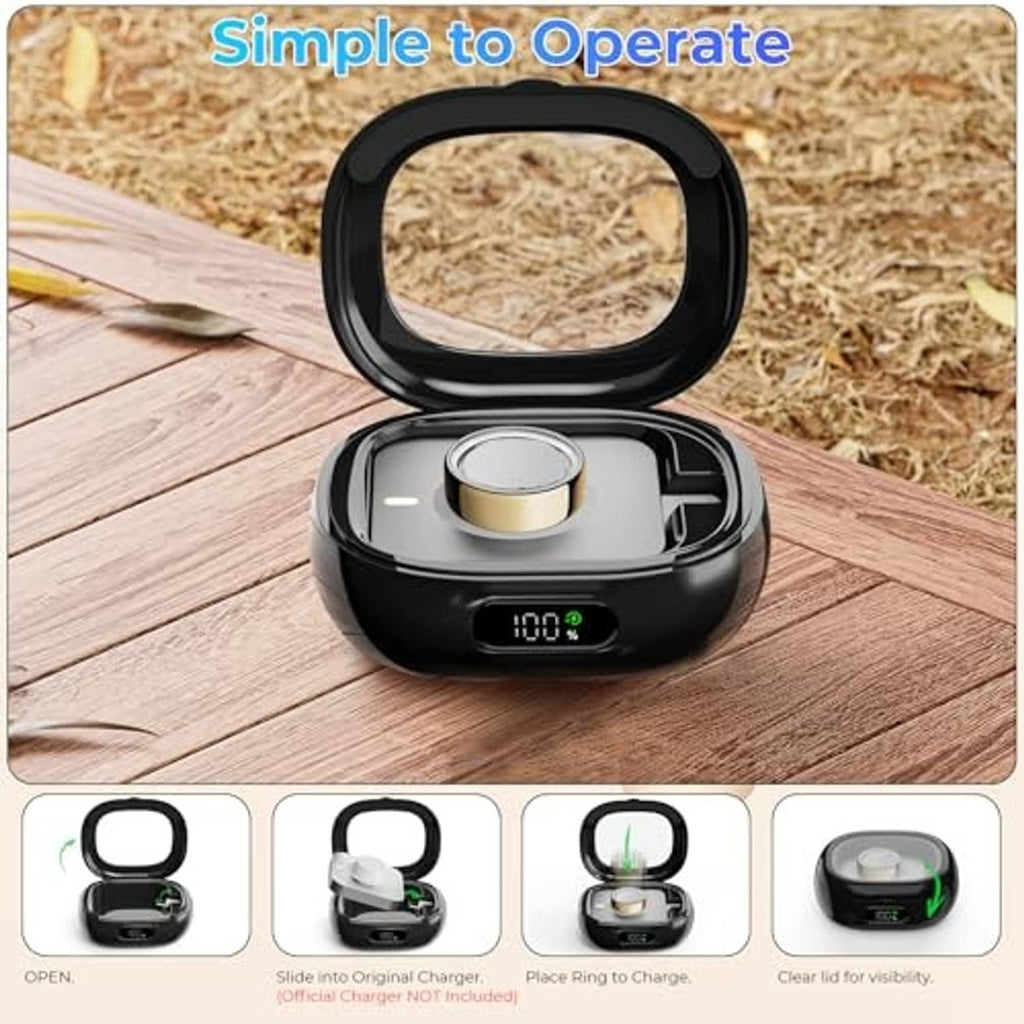 Black wireless charging case with open lid and LED power display on wooden surface
