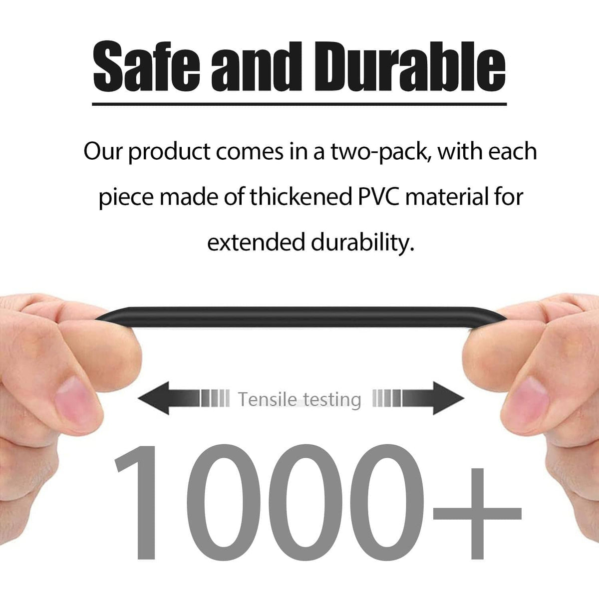 Black charging cable durability with tensile testing concept and 1000+ stretch shown.