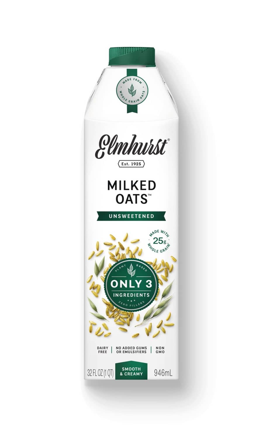 Unsweetened oat milk carton with Elmhurst Milked Oats front label and oat graphic.