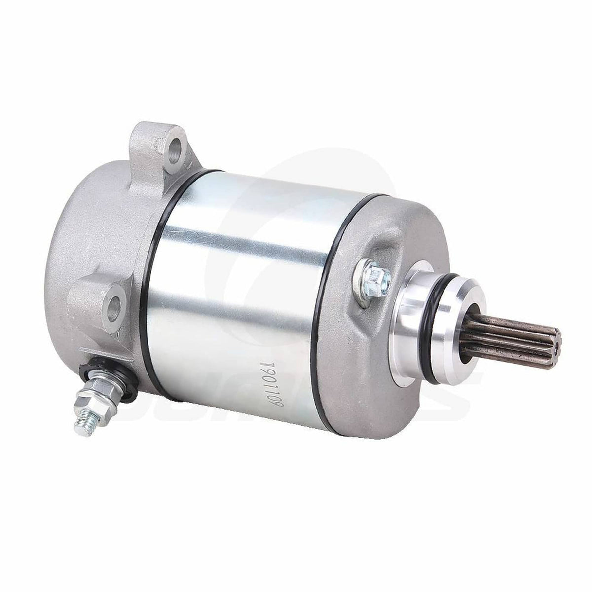 Starter motor with aluminum housing, steel cylinder, and pinion gear shaft