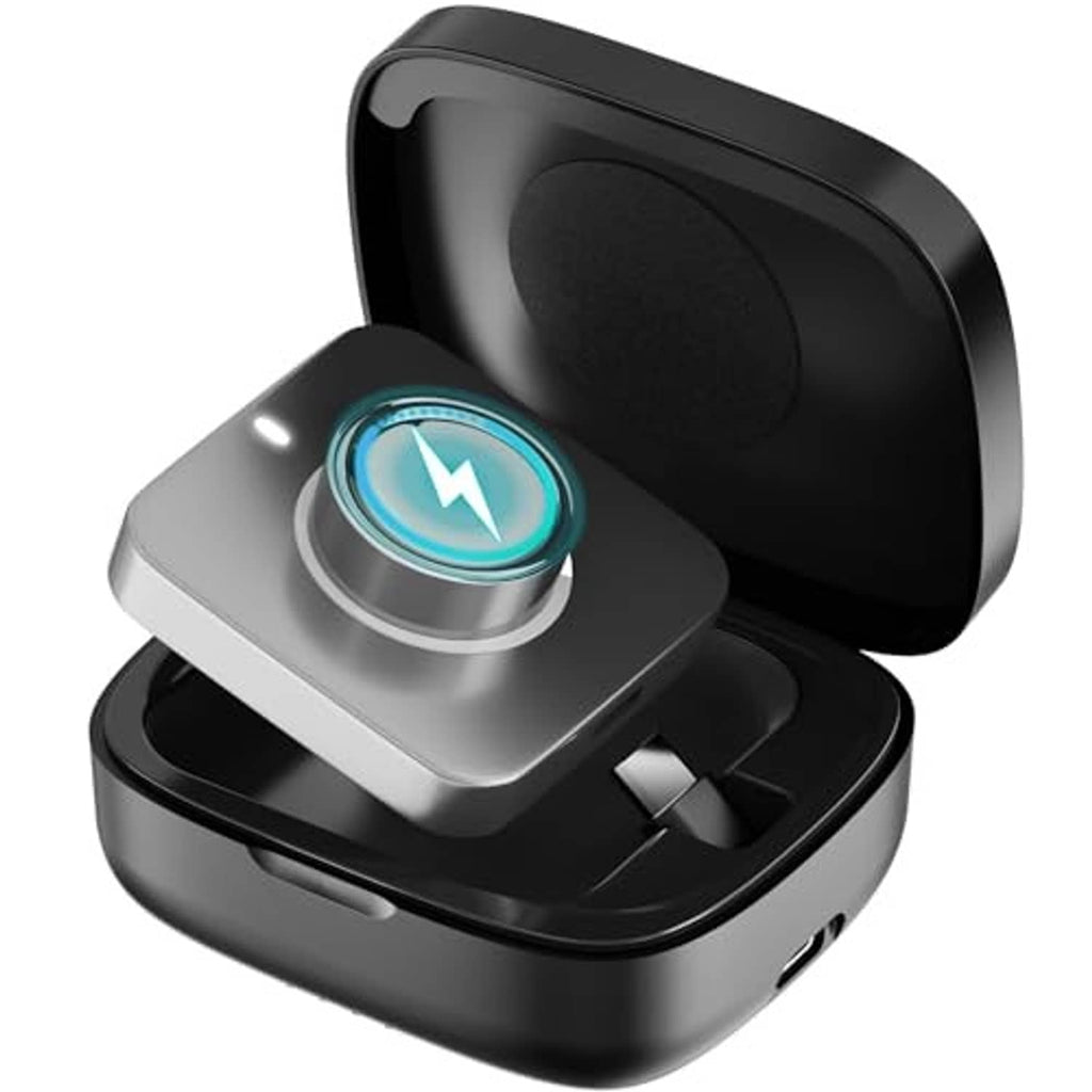 Black wireless charging case open with blue indicator light on the charging pad