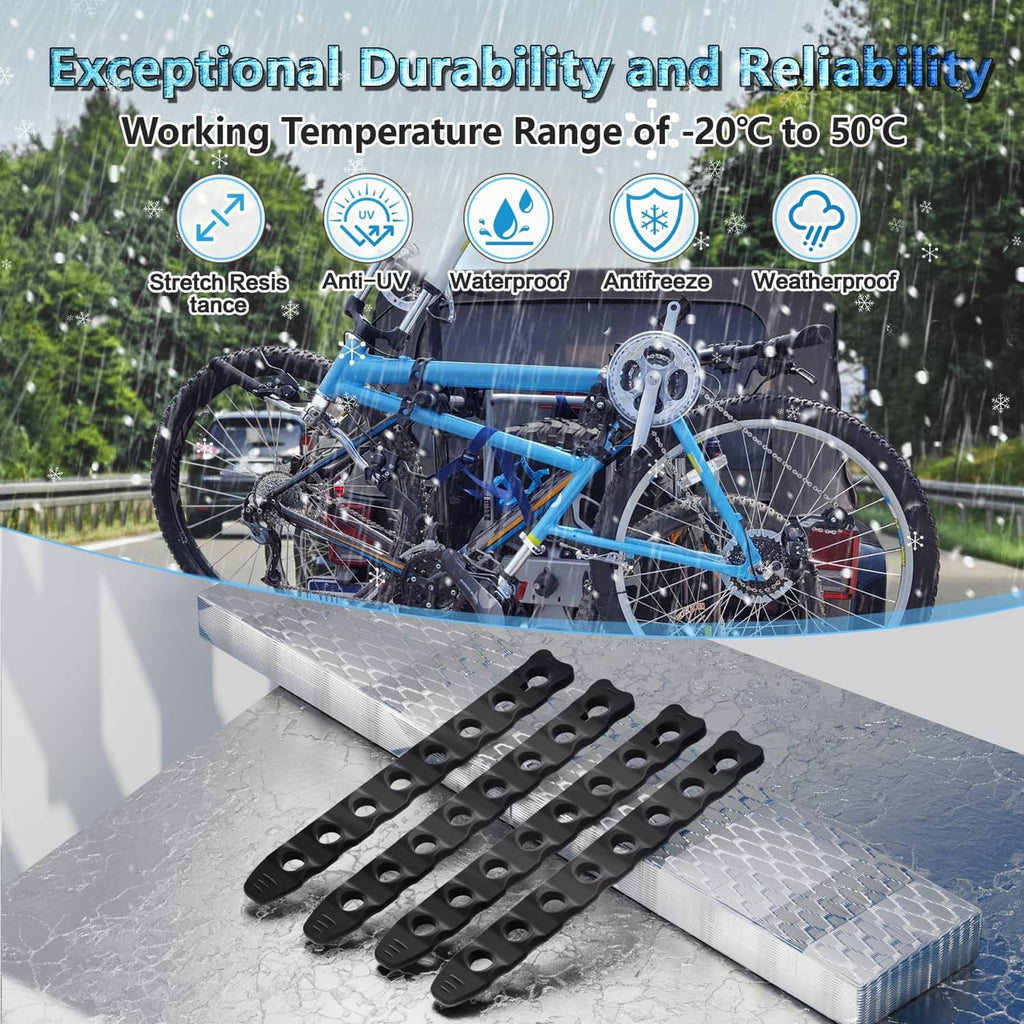 Black rubber wheel stabilizer straps laid on metal tray for secure storage