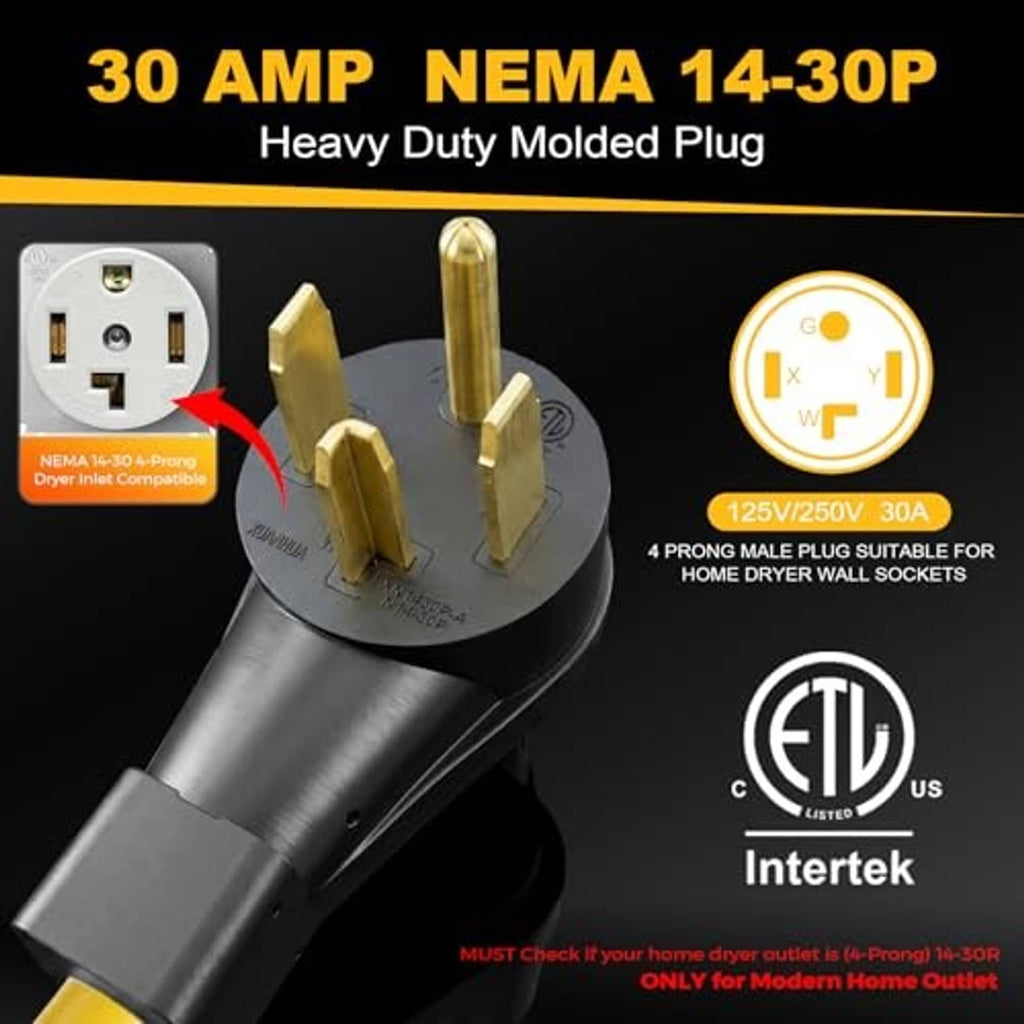NEMA 14-30P molded plug with gold pins and Intertek ETL listed seal
