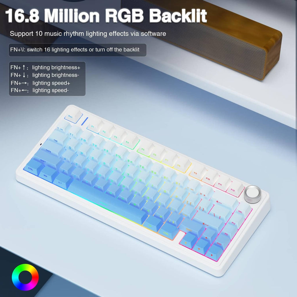 White 75% mechanical keyboard with multi-color RGB backlight and round control knob