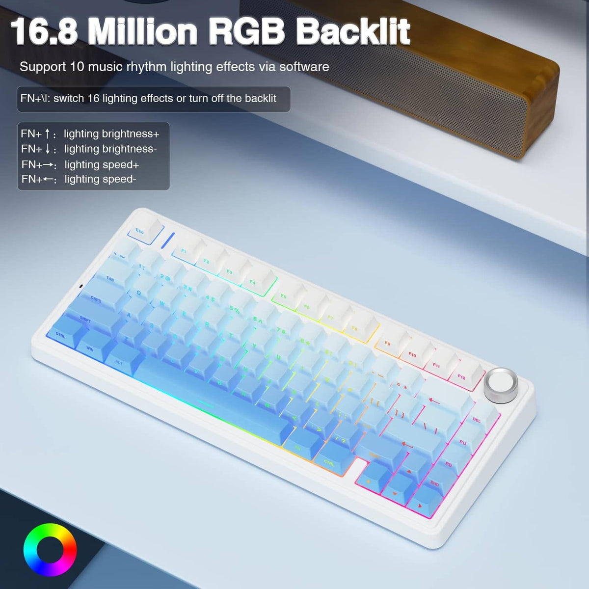 White 75% mechanical keyboard with multi-color RGB backlight and round control knob
