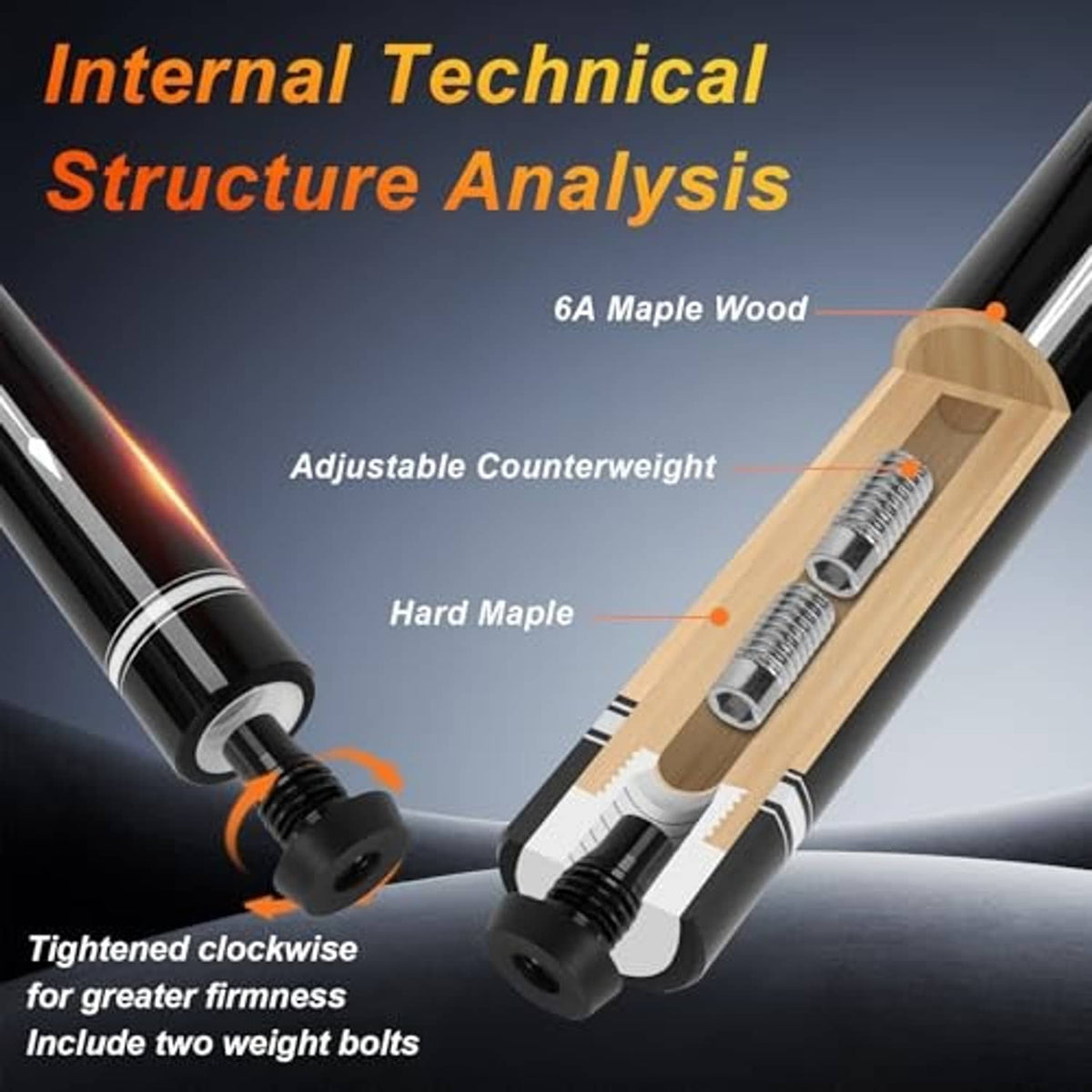 Pool cue construction showing maple wood core and internal counterweight adjuster