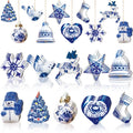 Blue-and-white porcelain Christmas ornament set with bird, bell, star, snowflake, heart.