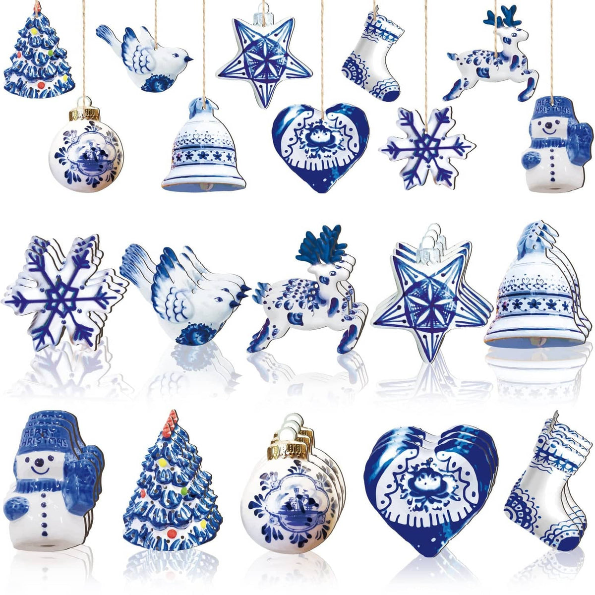 Blue-and-white porcelain Christmas ornament set with bird, bell, star, snowflake, heart.