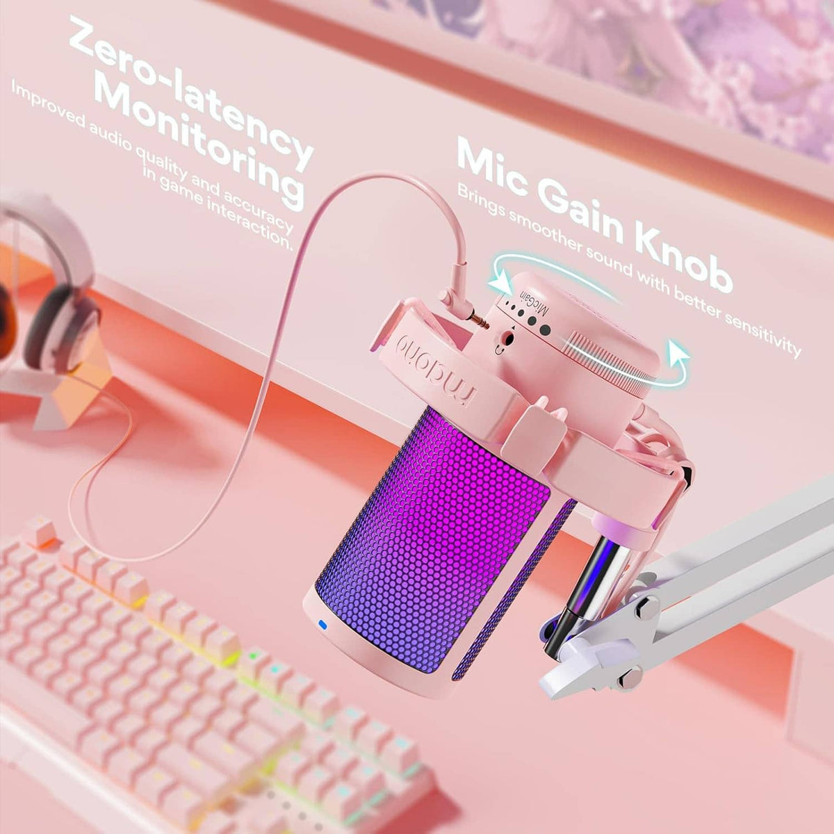 Pink USB microphone with mic gain knob and purple LED grille detail