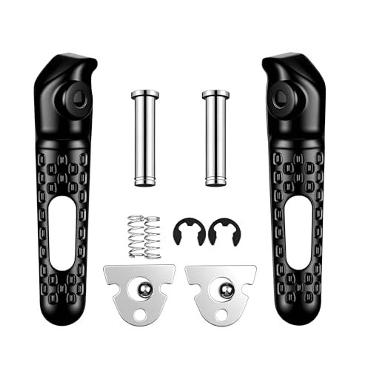 Black motorcycle footrest pegs with coil springs and silver mounting pins